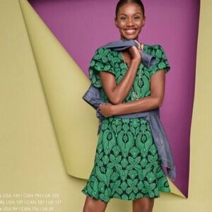 CAbi XS Palmette Green Navy Dasmack Leaf Pattern Dress Flounce Detail Style 6415